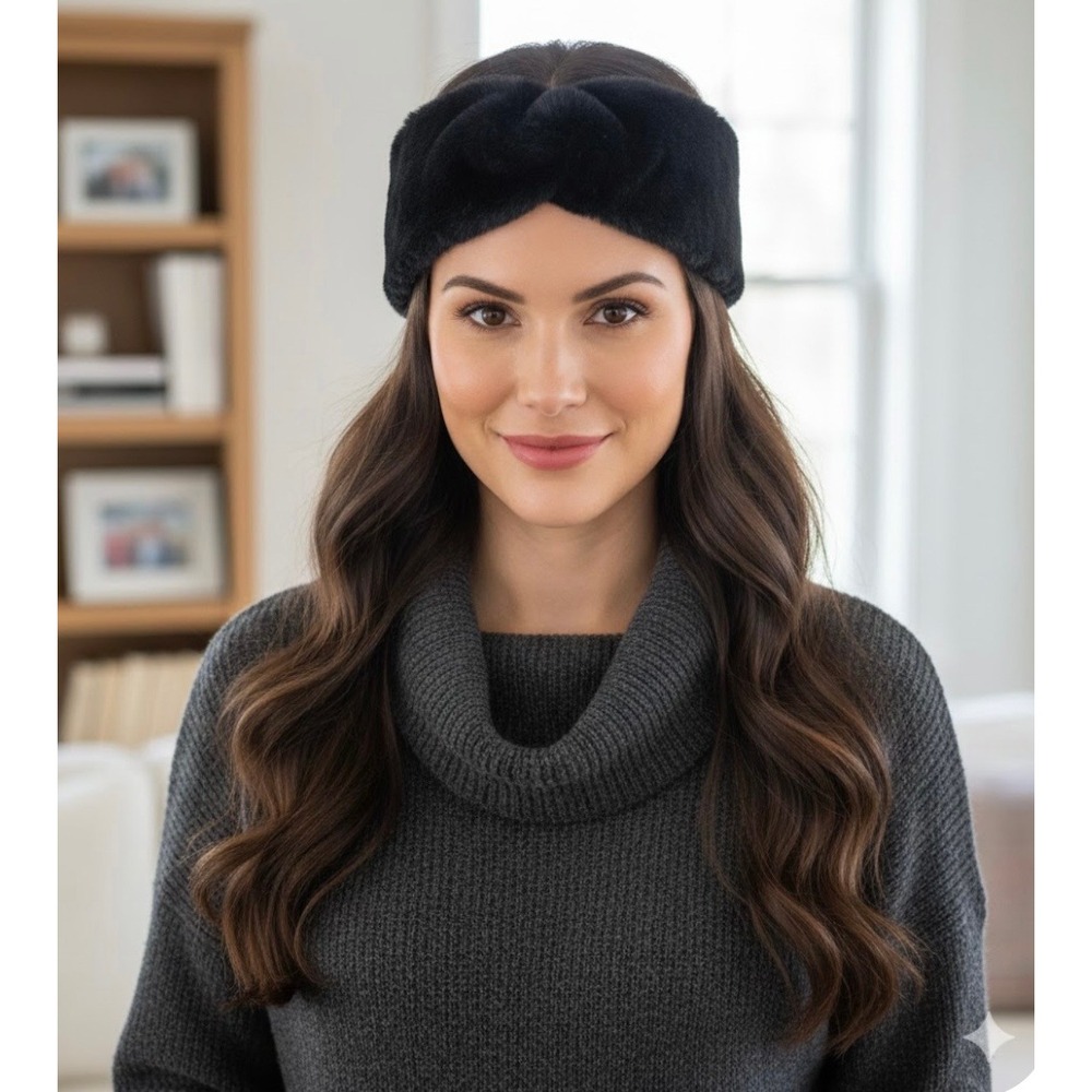 Isotoner Womens Black Faux Fur Twist Headband Ear Warmer Fleece Lined Accessory